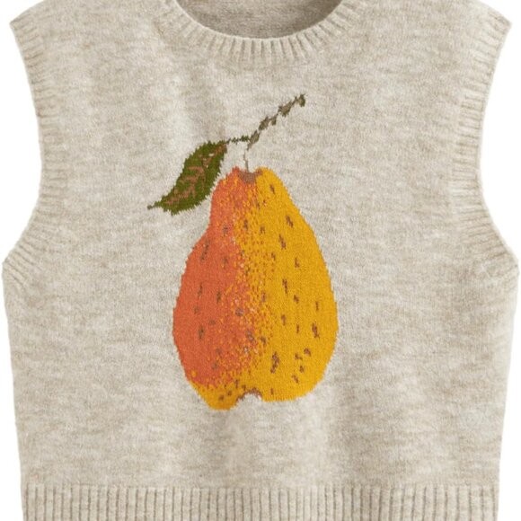 Other - Trendy Khaki Women's Sweater Vest - Sleeveless Knit with Playful Pear Graphic